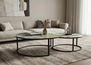 Black & Stone Wave Marble Round Coffee Table Set of 2 for Living Room Nesting