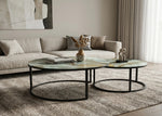 Black & Wave Marble Round Coffee Table Set of 2 for Living Room Nesting